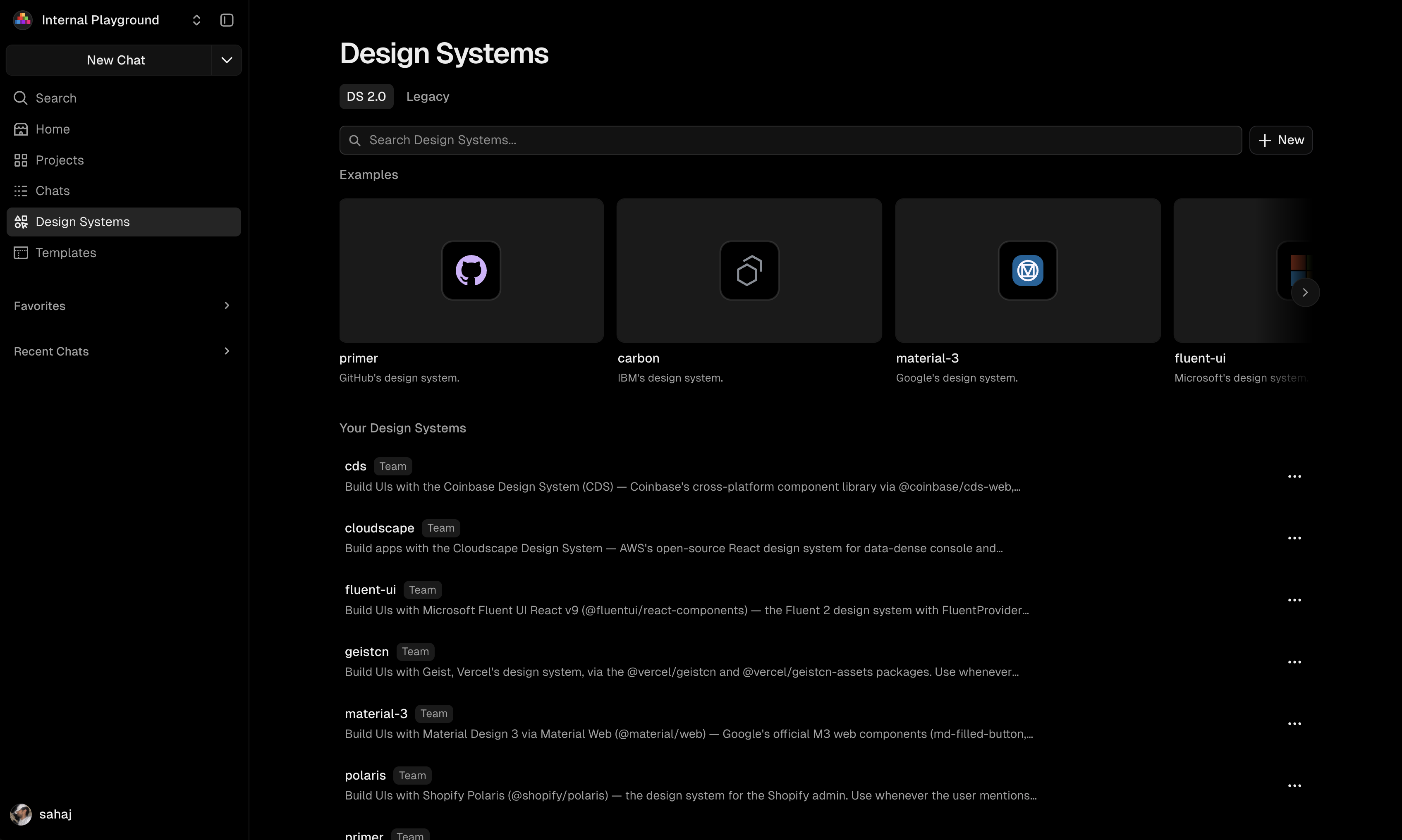 Design Systems page showing saved team skills